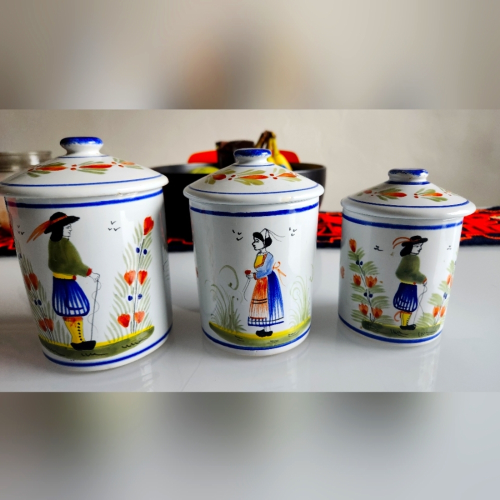 Henriot Quimper France (3) Canisters Bretonnes White Blue Yellow